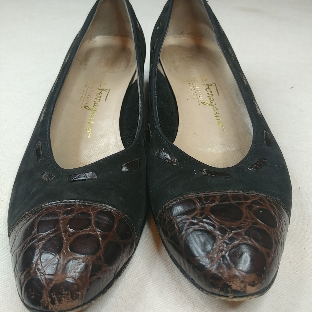 Salvatore Ferragamo Black Alligator Cap Toe Suede
